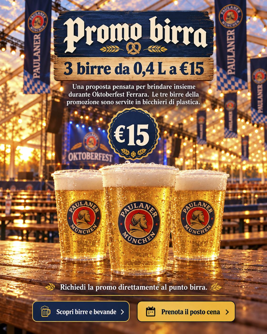 Promo 3 birre da 0,4 litri a 15 euro all'Oktoberfest Ferrara 2026